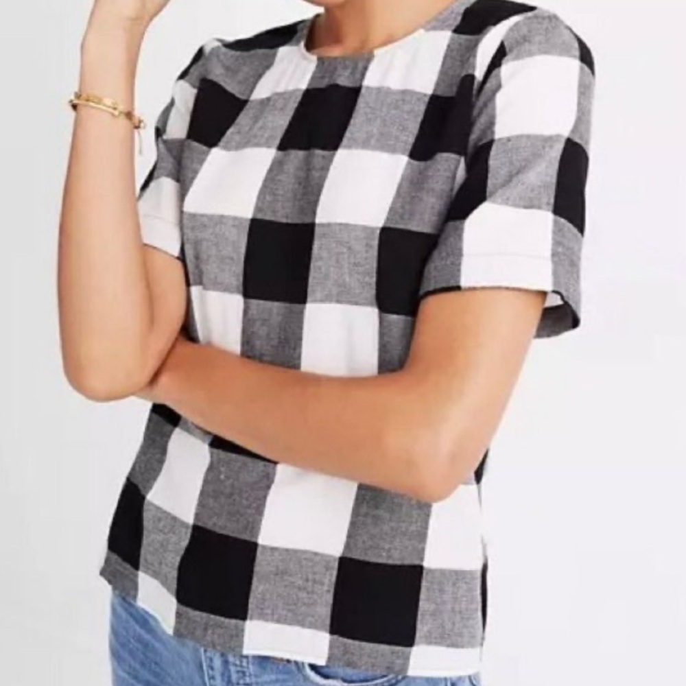Madewell XS Black Cream White Gingham Plaid Button Back Blouse NWT
